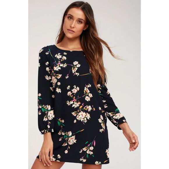 Lulus Herbaceous Babe Navy Floral Print Shift Dress Size Small - Picture 1 of 8